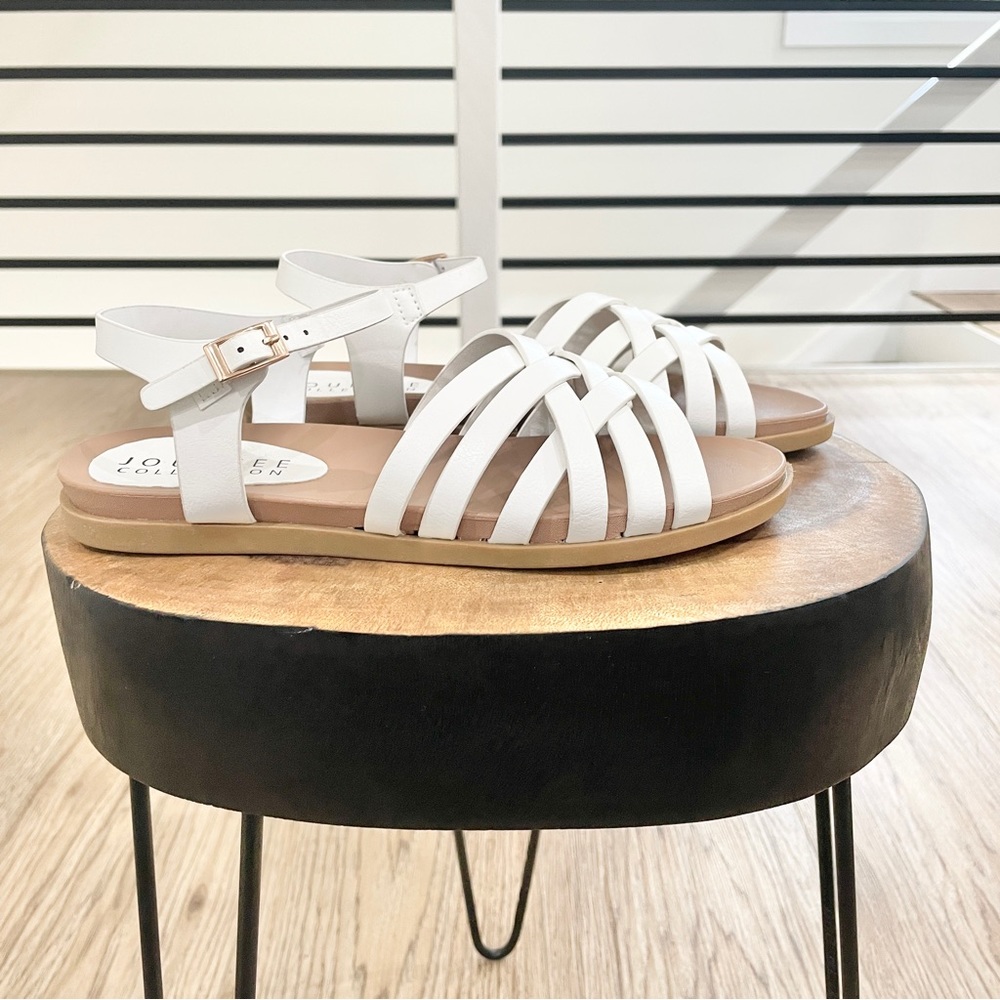 white and tan gladiator flat sandals